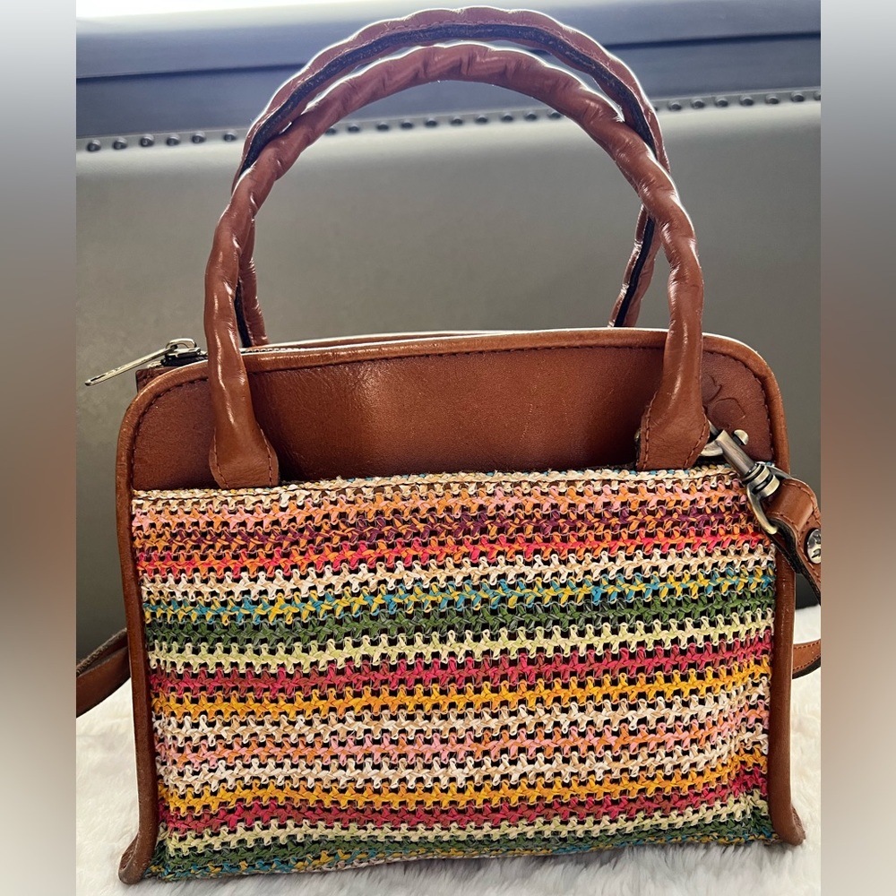 Vintage Woven Satchel Bag Multicolor Boho Tote Purse Brown Leather Trim Handbag